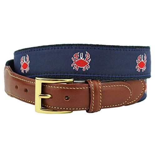 COUNTRY CLUB PREP Feeling Crabby Leather Tab Belt in Navy on Navy Canvas