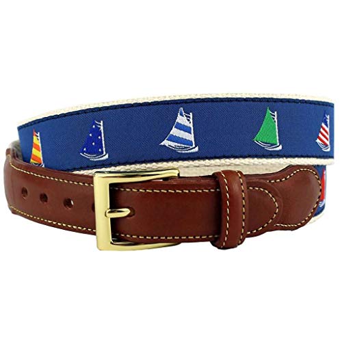 COUNTRY CLUB PREP Sailor's Delight Cat Boat Leather Tab Belt in Blue on Natural Canvas