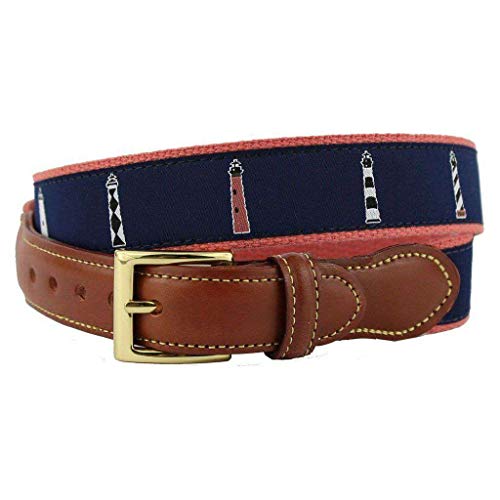 COUNTRY CLUB PREP Any Port in a Storm Lighthouse Leather Tab Belt in Navy on Nantucket Red Canvas