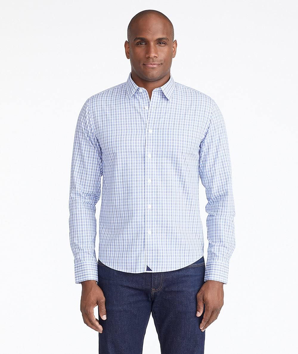 UNTUCKit Durif Men's Button Down Shirt, Light Blue Navy and White Check, 100% Cotton Poplin Wrinkle Free, Regular Fit