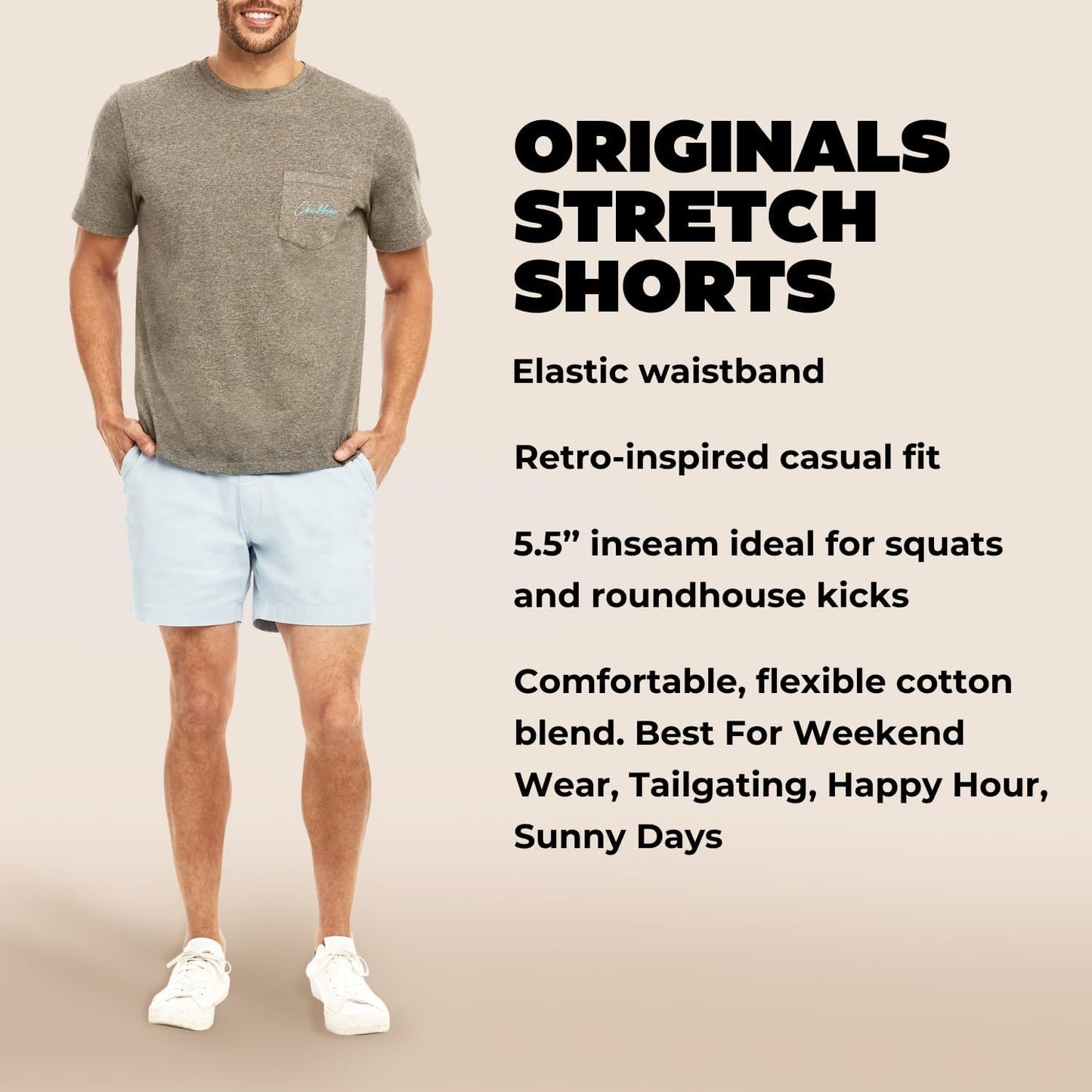 Chubbies Chino Shorts Men 5.5 Inch Inseam, Mens Shorts with Elastic Waistband, Chambray Pockets, Stretch Polyester & Cotton