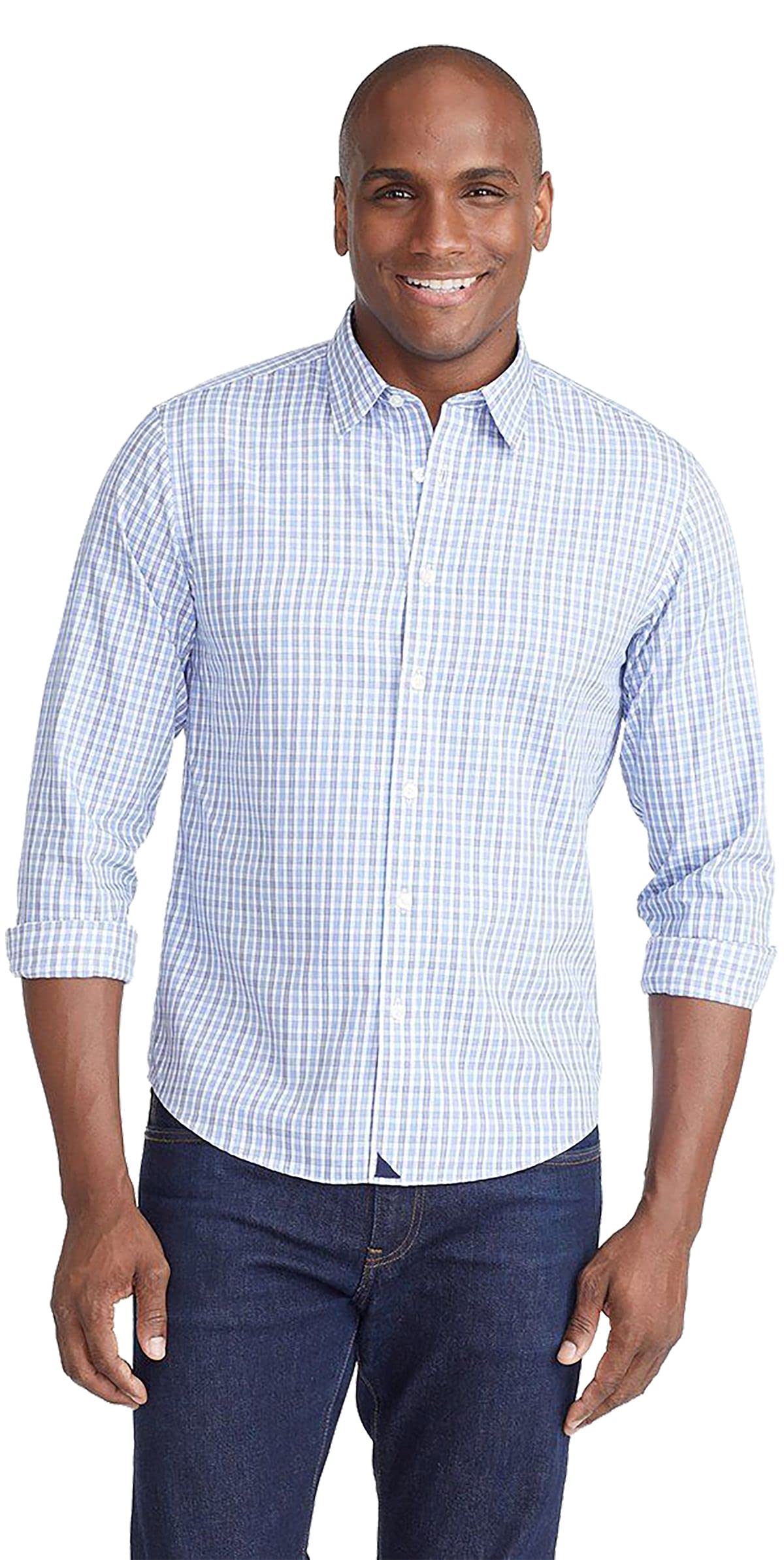 UNTUCKit Durif Men's Button Down Shirt, Light Blue Navy and White Check, 100% Cotton Poplin Wrinkle Free, Regular Fit