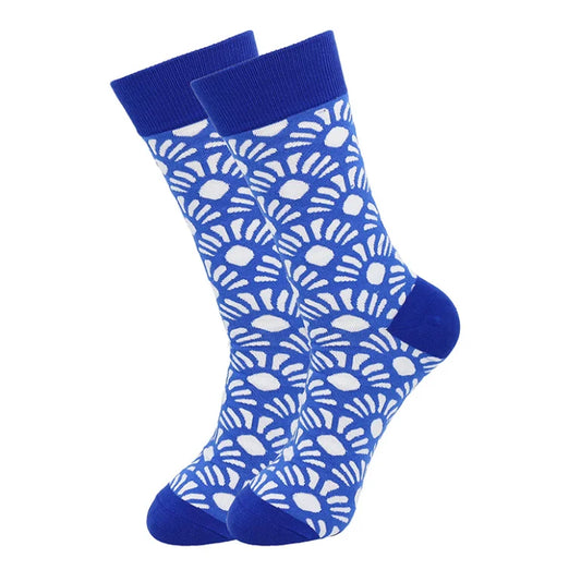 Dapper Daze: Happy Cotton Pattern Funny Dress Tube Socks for Gents, Color - Blue