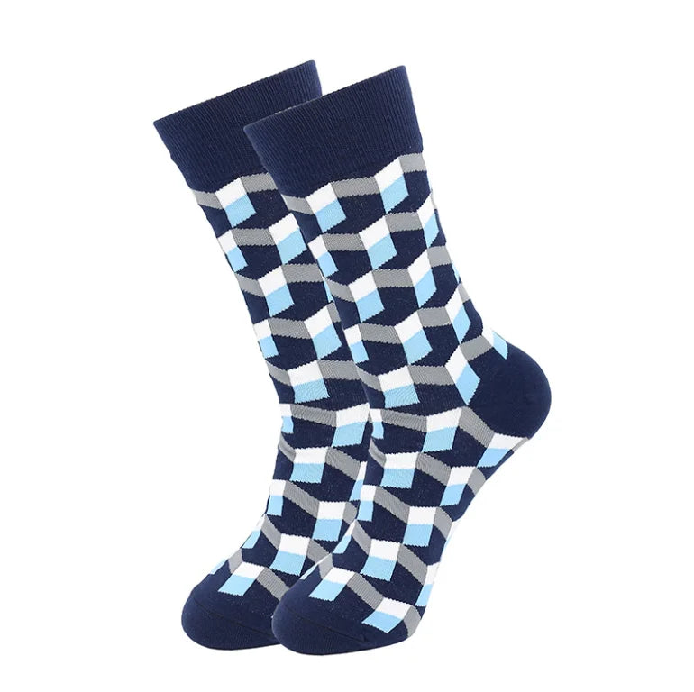 Dapper Daze: Happy Cotton Pattern Funny Dress Tube Socks for Gents, Color - Navy