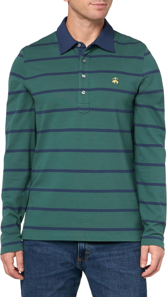 Brooks Brothers Men's Long Sleeve Cotton Pique Stretch Logo Striped Polo Shirt