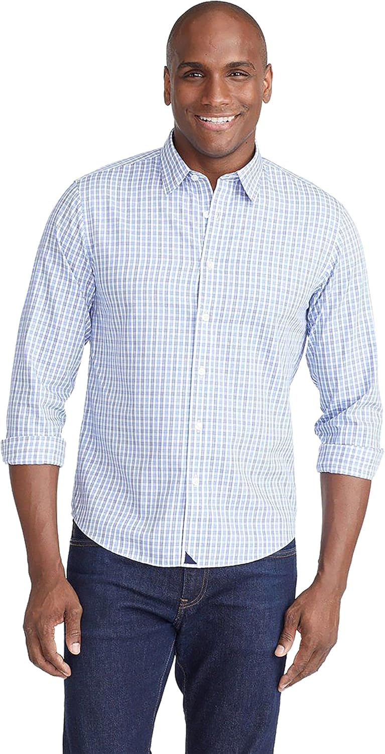 UNTUCKit Durif Men's Button Down Shirt, Light Blue Navy and White Check, 100% Cotton Poplin Wrinkle Free, Regular Fit