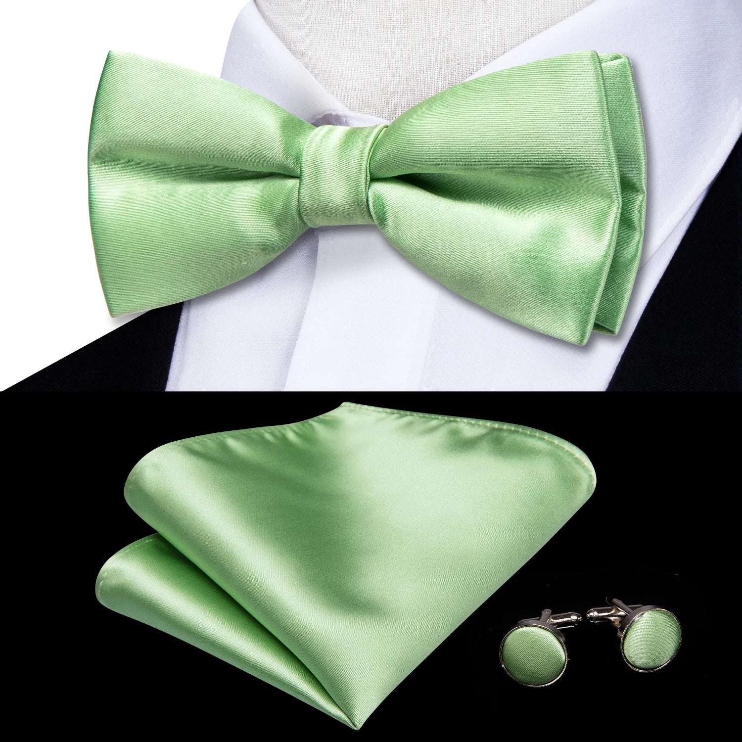 Southern Elegance Solid Silk Men's Bow Tie, Hanky & Cufflinks Set - LH-0563