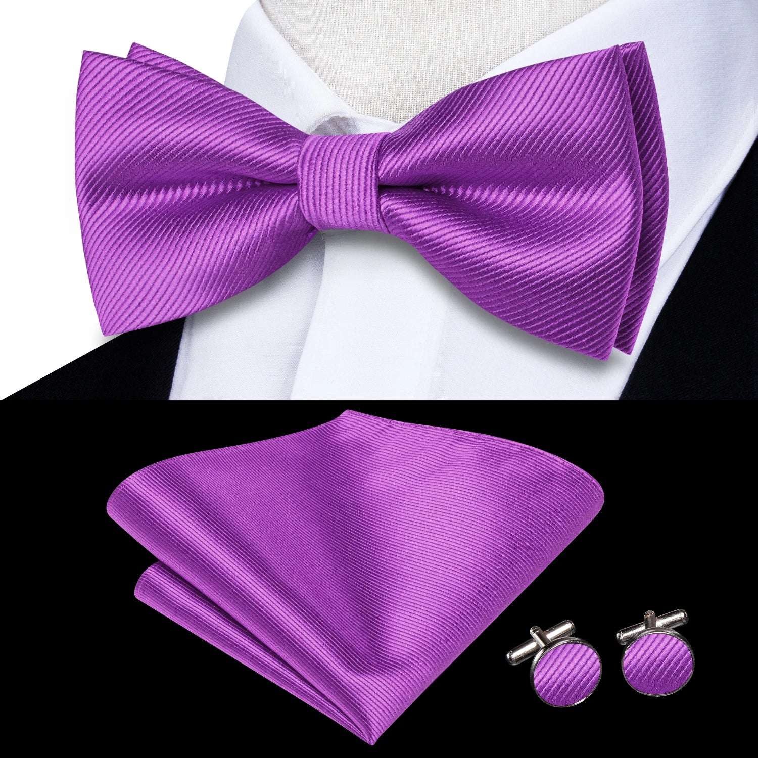 Southern Elegance Solid Silk Men's Bow Tie, Hanky & Cufflinks Set - LH-0593