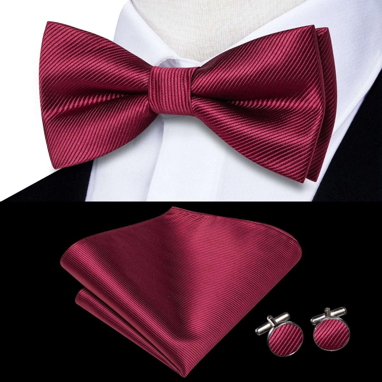 Southern Elegance Solid Silk Men's Bow Tie, Hanky & Cufflinks Set - LH-0596