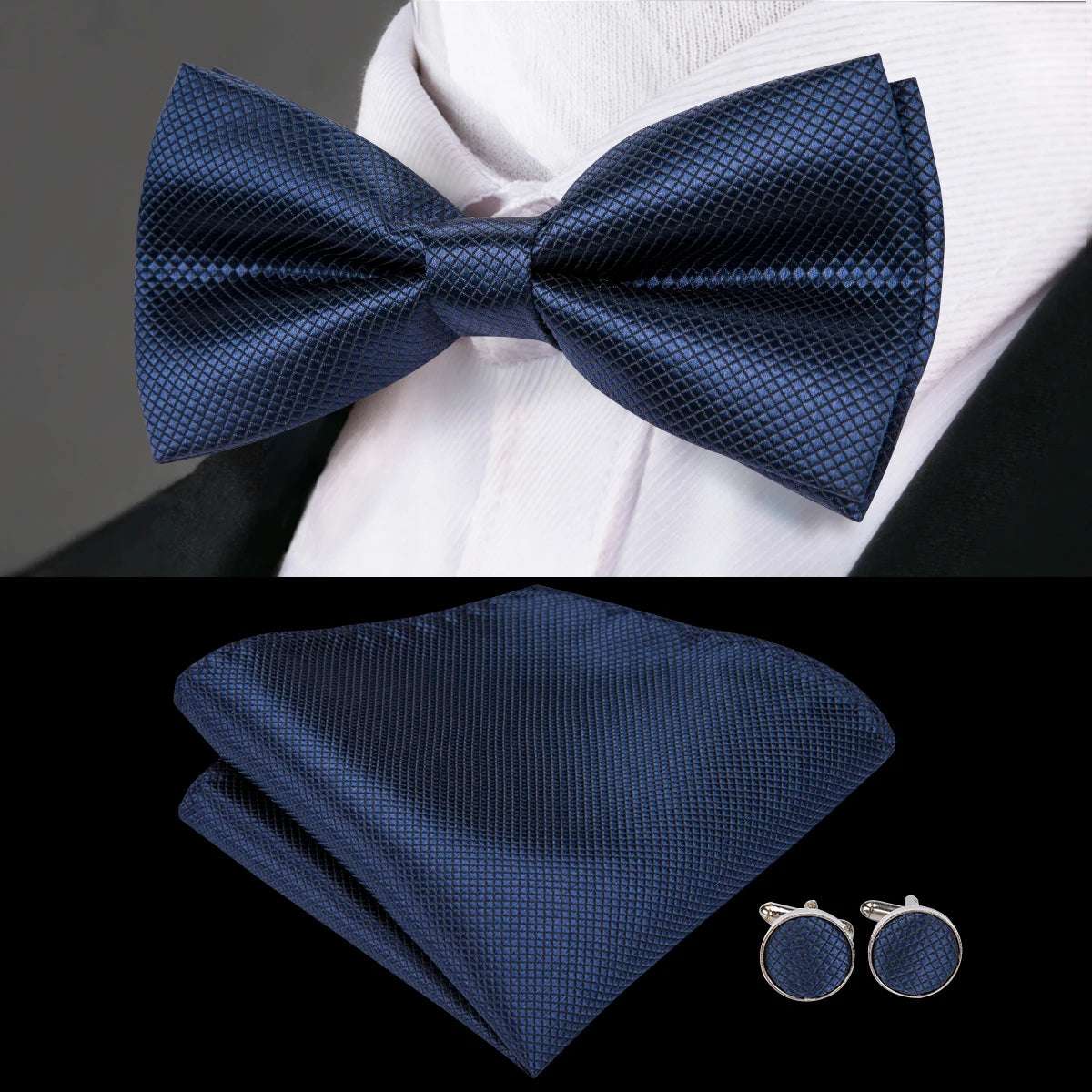 Southern Elegance Solid Silk Men's Bow Tie, Hanky & Cufflinks Set - LH-0753