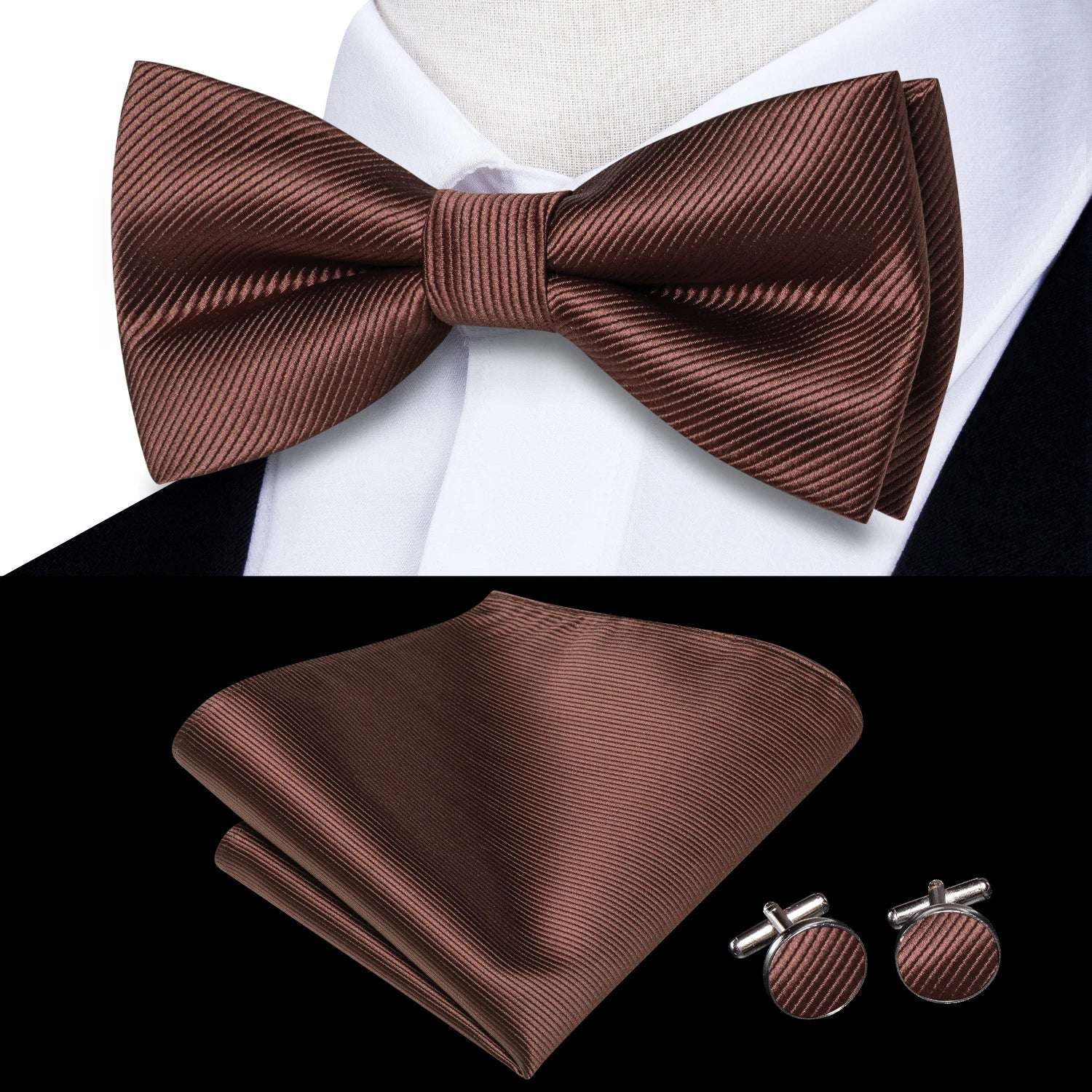 Southern Elegance Solid Silk Men's Bow Tie, Hanky & Cufflinks Set - LH-2503