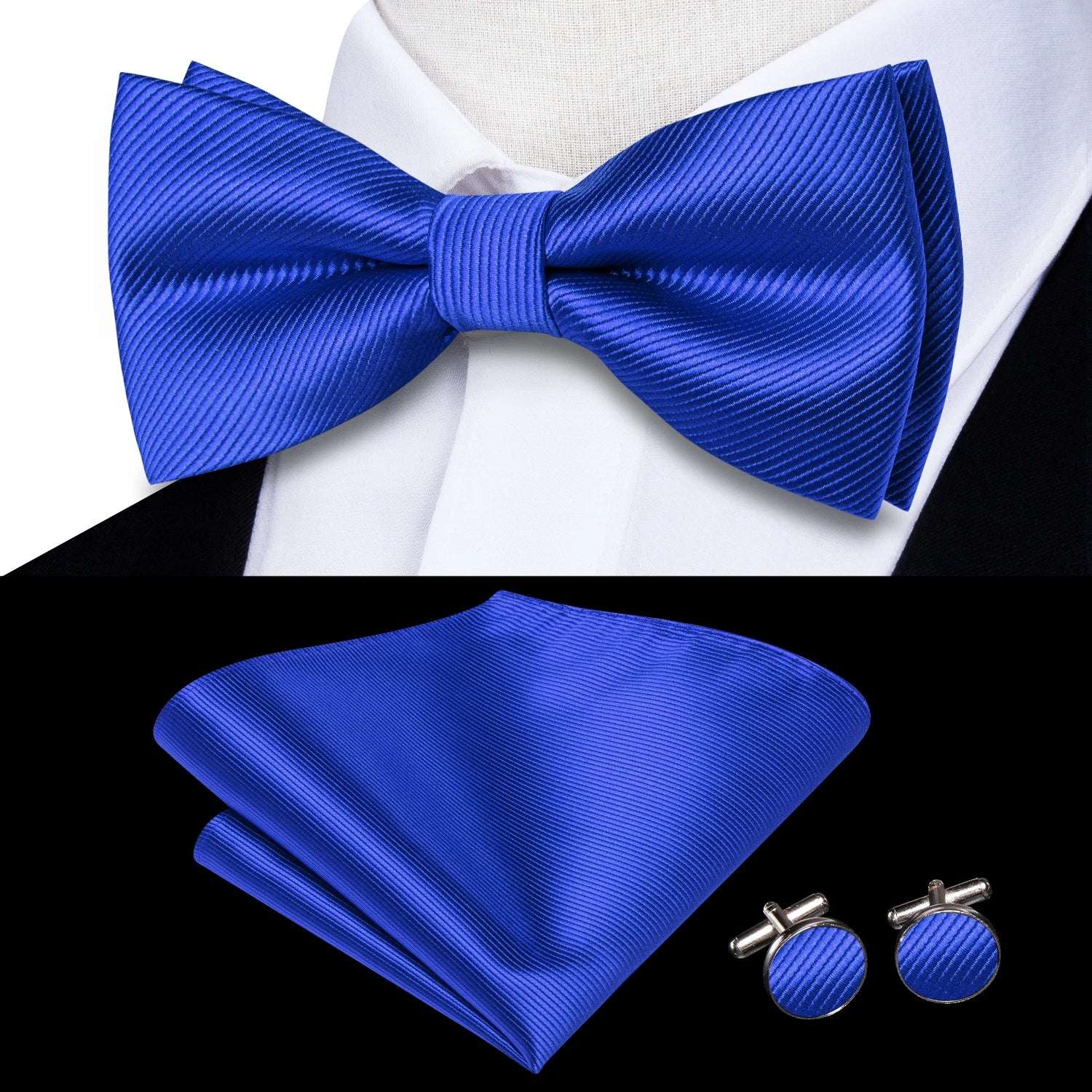 Southern Elegance Solid Silk Men's Bow Tie, Hanky & Cufflinks Set - LH-2510