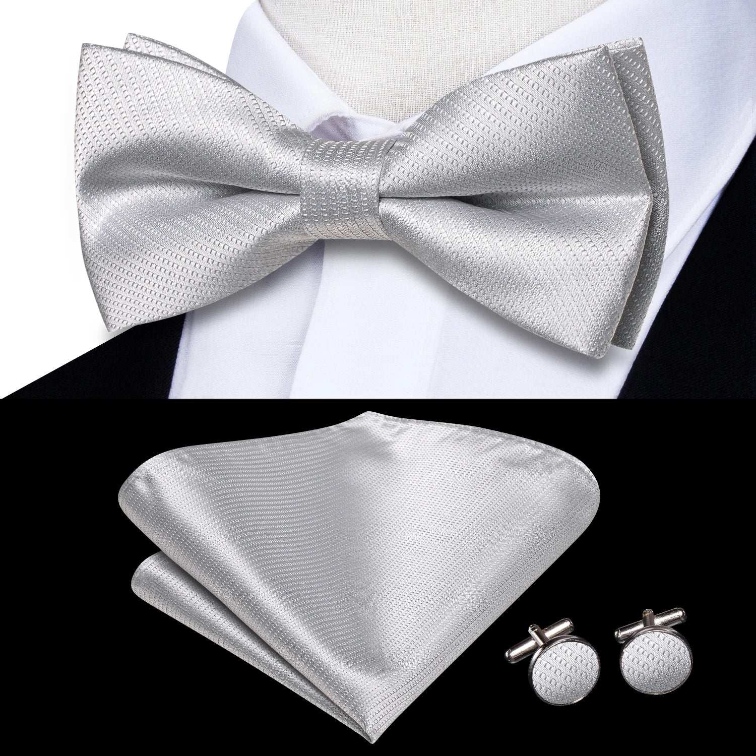 Southern Elegance Solid Silk Men's Bow Tie, Hanky & Cufflinks Set - LH-2520