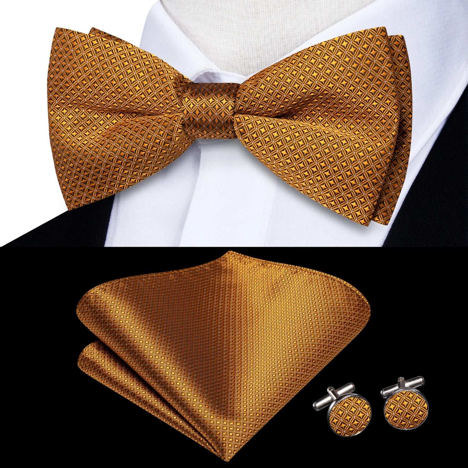 Southern Elegance Solid Silk Men's Bow Tie, Hanky & Cufflinks Set - LH-2525