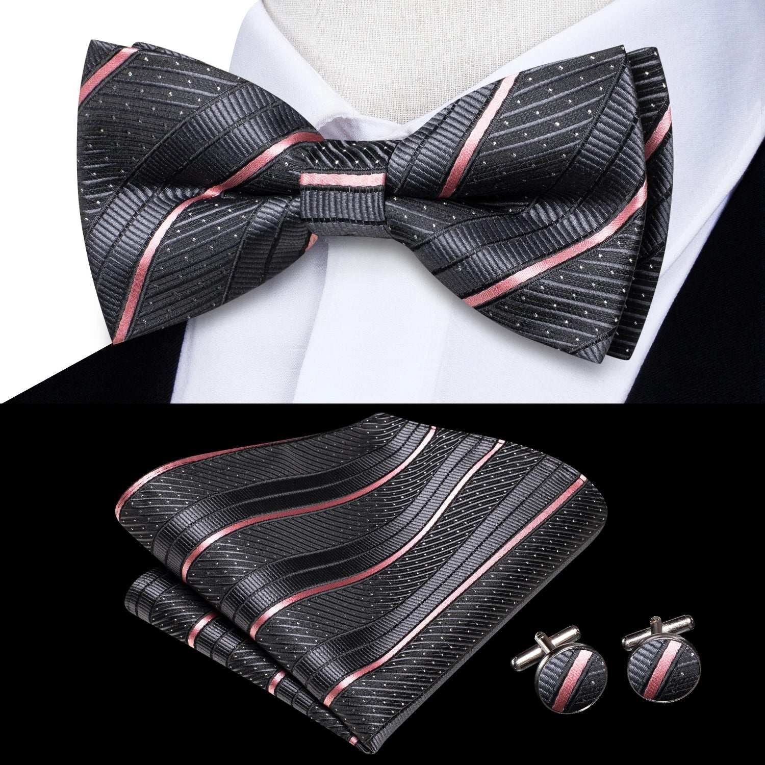 Southern Elegance Solid Silk Men's Bow Tie, Hanky & Cufflinks Set - LH-2529