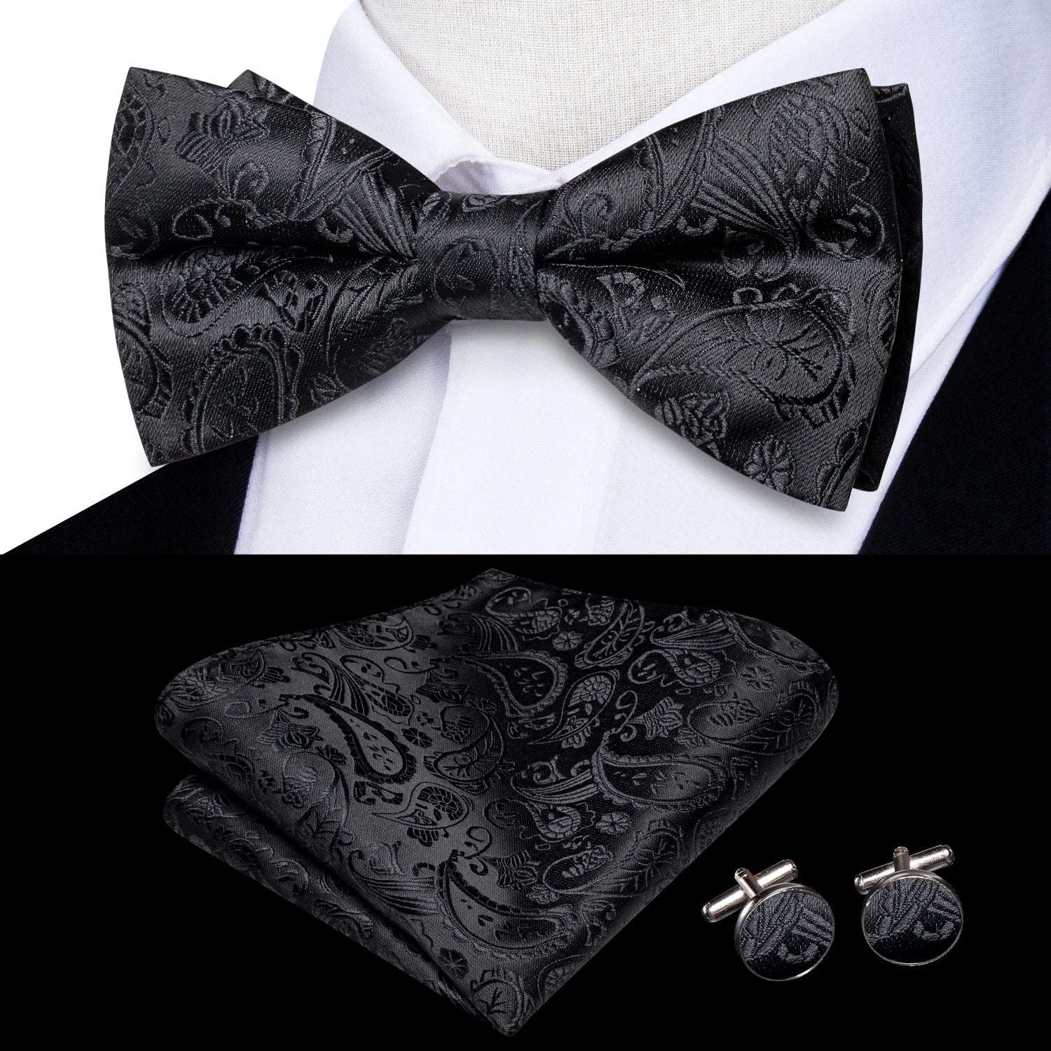 Southern Elegance Solid Silk Men's Bow Tie, Hanky & Cufflinks Set - LH-2534