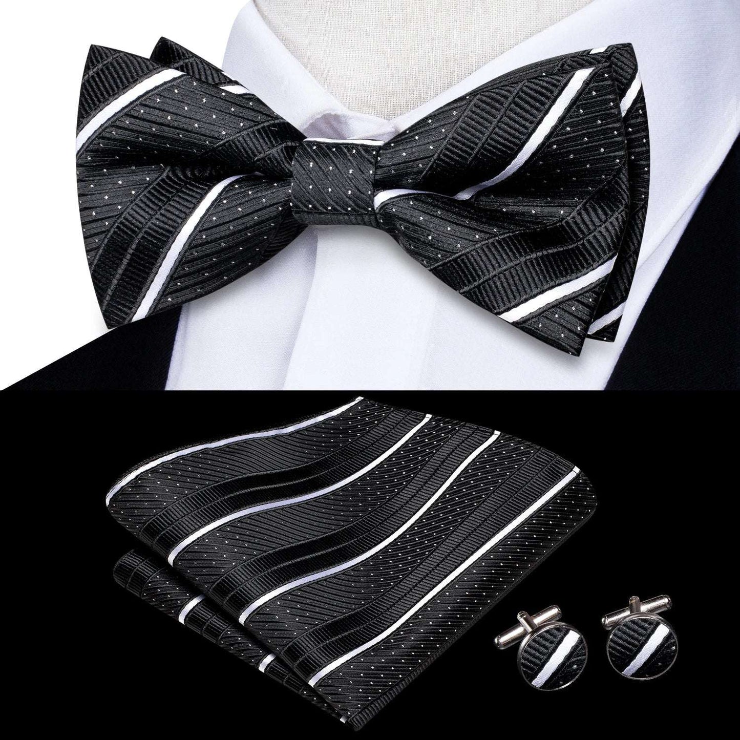 Southern Elegance Solid Silk Men's Bow Tie, Hanky & Cufflinks Set - LH-2537