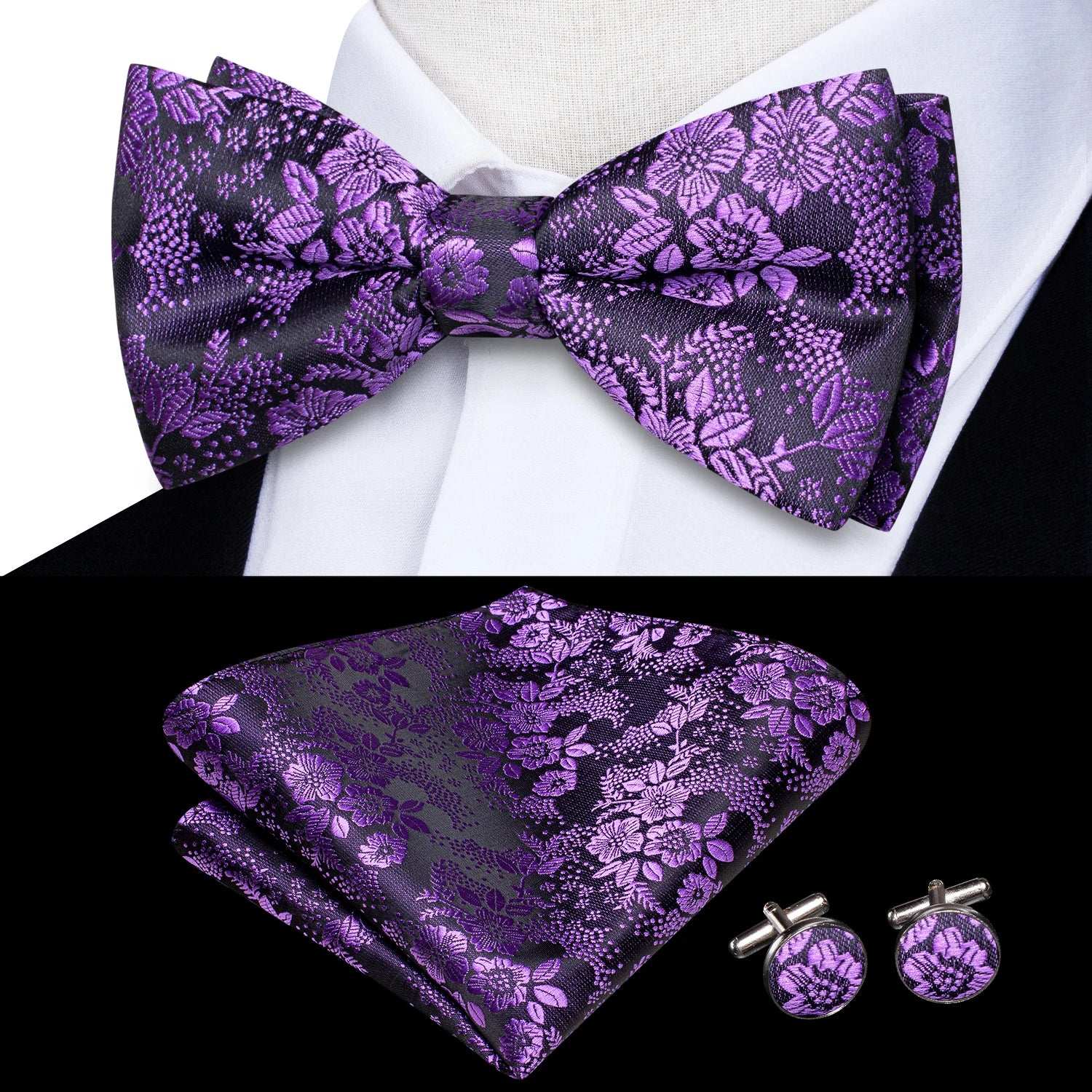 Southern Elegance Solid Silk Men's Bow Tie, Hanky & Cufflinks Set - LH-2540